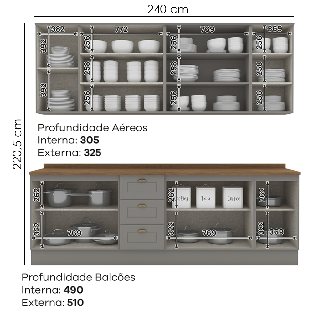 Cozinha Modulada 9 Pecas 240 cm CE856 Americana Cinza Nature Henn