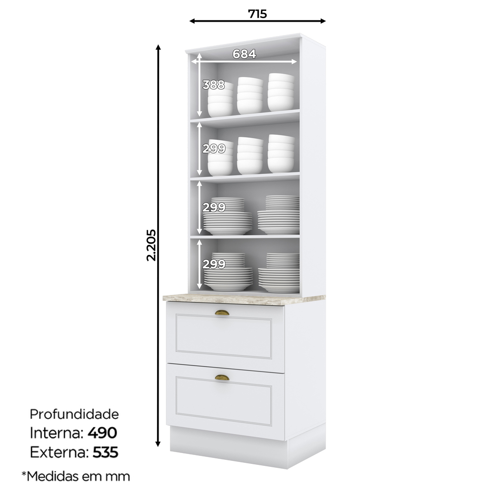 Cristaleira 2 Portas 2 Gav 72 cm C357 Americana Branco Calcare Henn