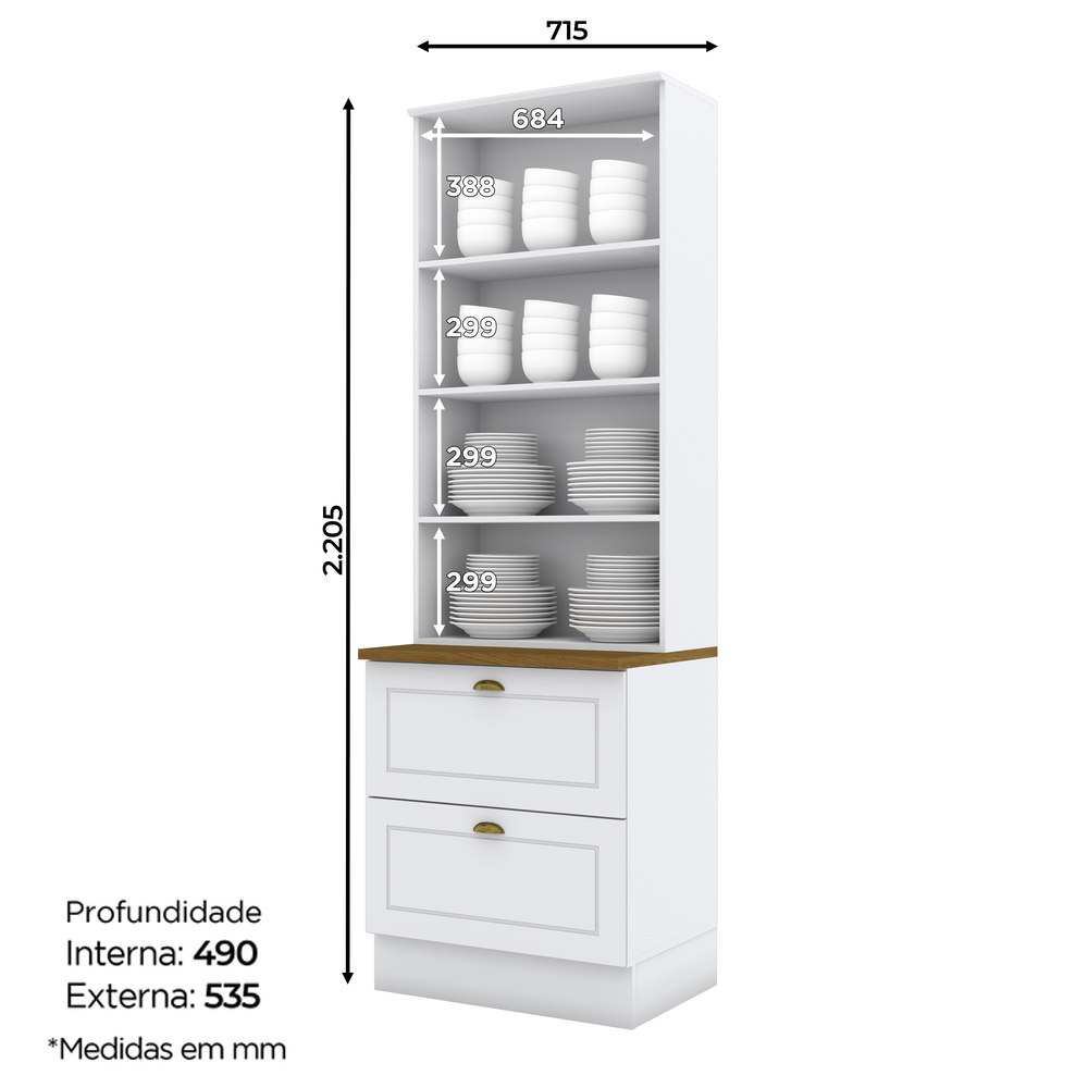 Cristaleira 2 Portas 2 Gav 72 cm C357 Americana Branco Nature Henn