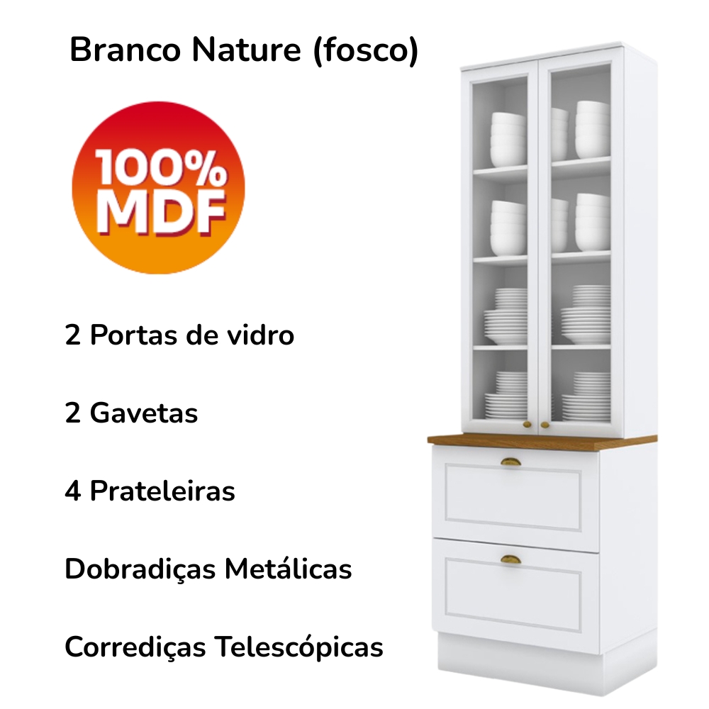 Cristaleira 2 Portas 2 Gav 72 cm C357 Americana Branco Nature Henn