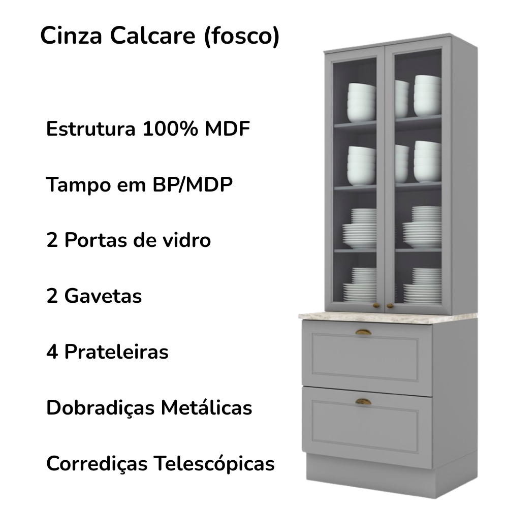 Cristaleira 2 Portas 2 Gav 72 cm C357 Americana Cinza Calcare Henn
