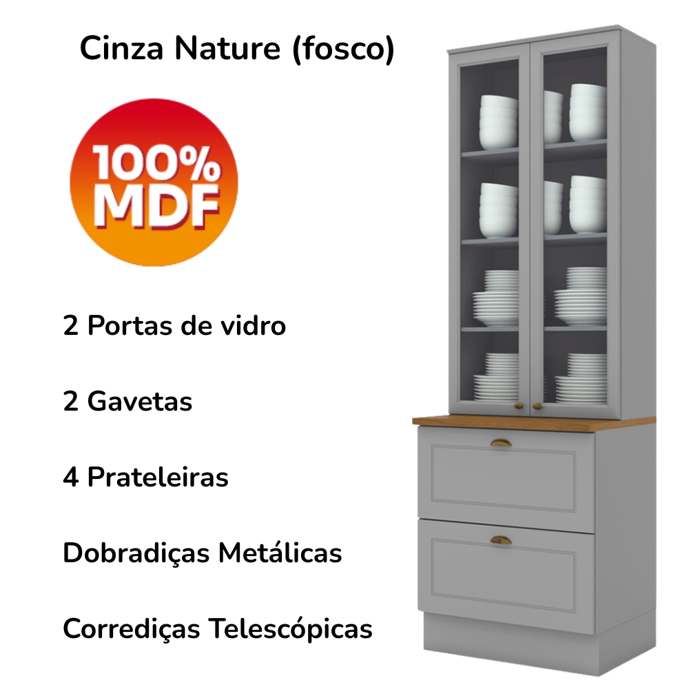 Cristaleira 2 Portas 2 Gav 72 cm C357 Americana Cinza Nature Henn