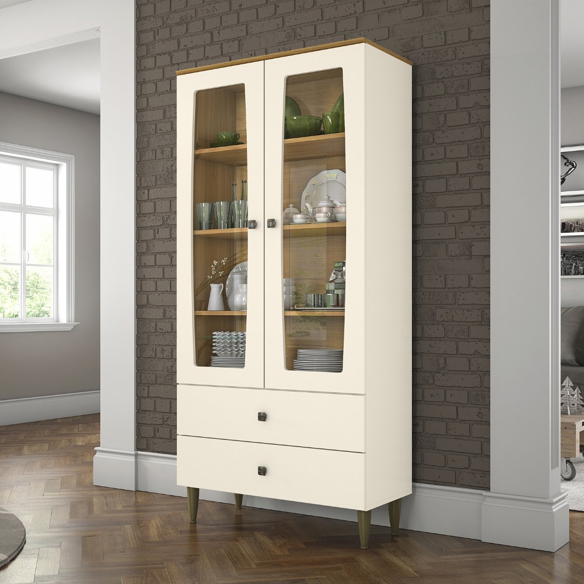 Cristaleira 2 Portas 2 Gavetas com Vidro e Prateleiras Internas - Liz Off White / Nature