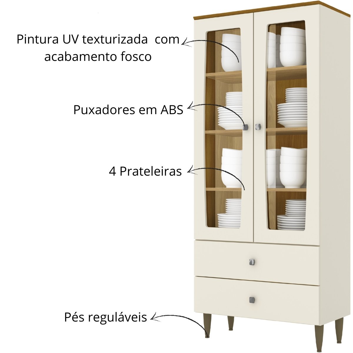 Cristaleira 2 Portas 2 Gavetas com Vidro e Prateleiras Internas - Liz Off White / Nature
