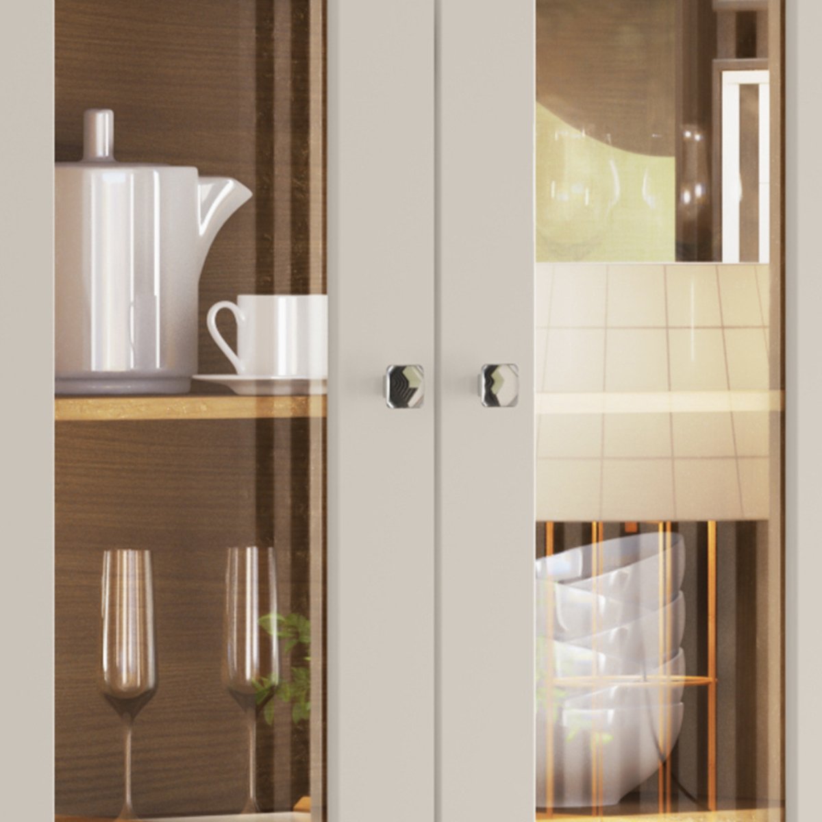 Cristaleira 2 Portas 2 Gavetas com Vidro e Prateleiras Internas - Liz Off White / Nature
