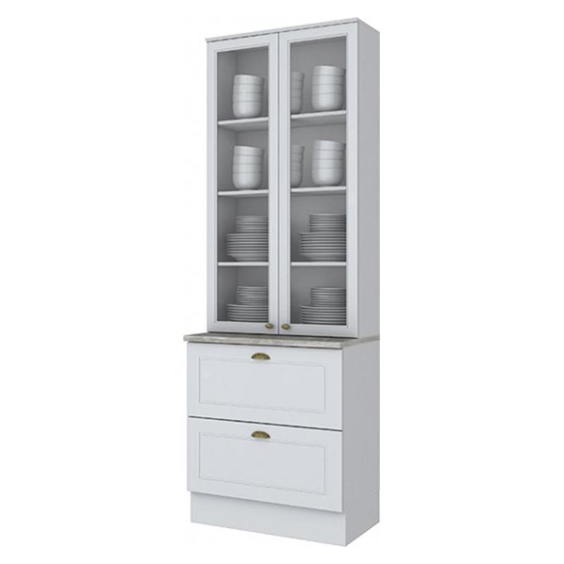 Cristaleira 2 Portas e 2 Gavetas Americana Branco com Tampo Calcare - Móveis Henn