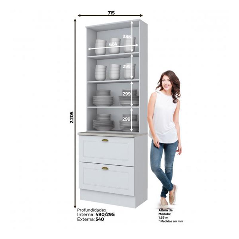 Cristaleira 2 Portas e 2 Gavetas Americana Branco com Tampo Calcare - Móveis Henn