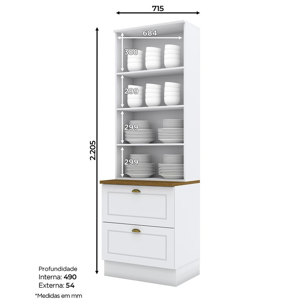 Cristaleira 2 Portas e 2 Gavetas Americana Branco com Tampo Nature - Móveis Henn