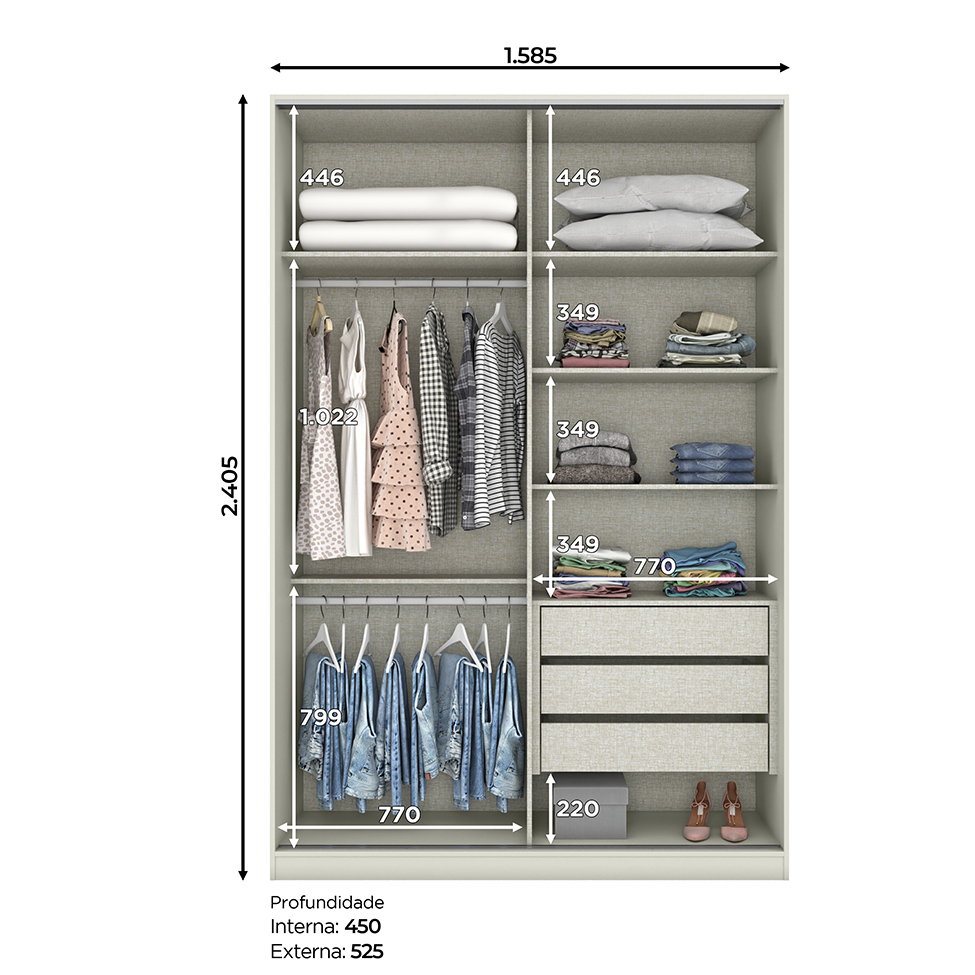 Guarda-Roupa Casal Predileto 2 Portas 3 Gavetas Areia e Jequitibá