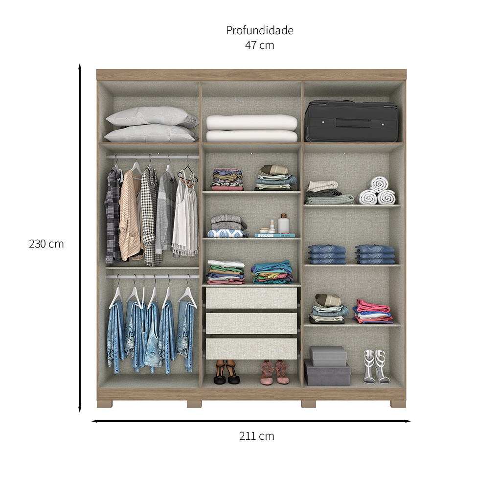 Guarda-Roupa Casal com Espelho Kurt 6 Portas 3 Gavetas Rústico e Off White