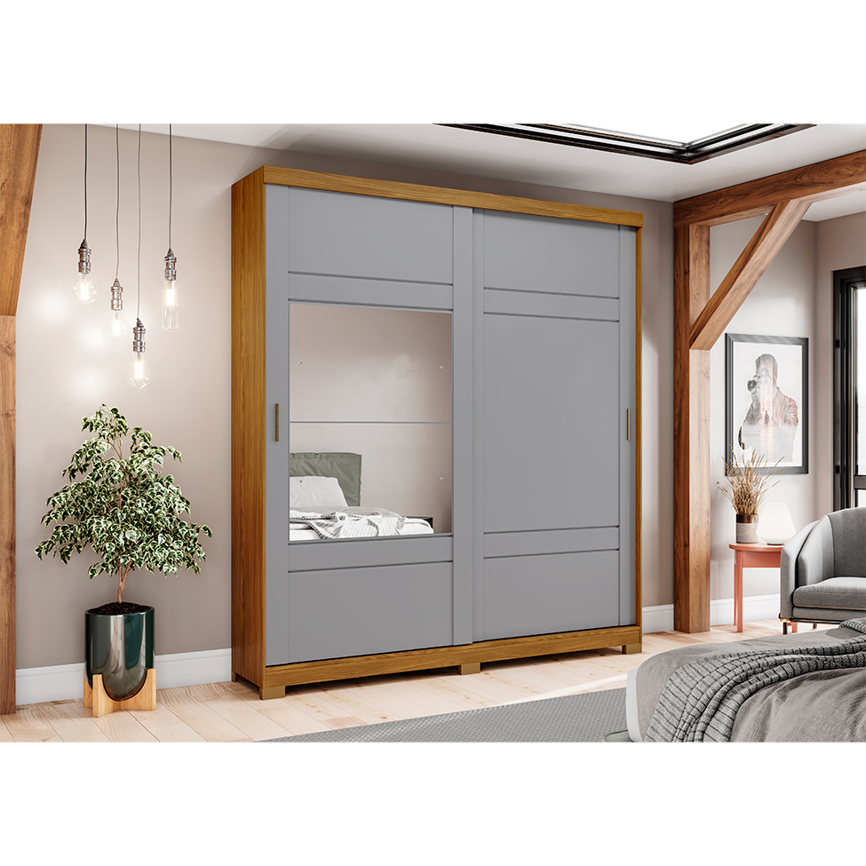 Guarda-Roupa Casal com Espelho Turin 2 Portas 3 Gavetas Nature e Cinza