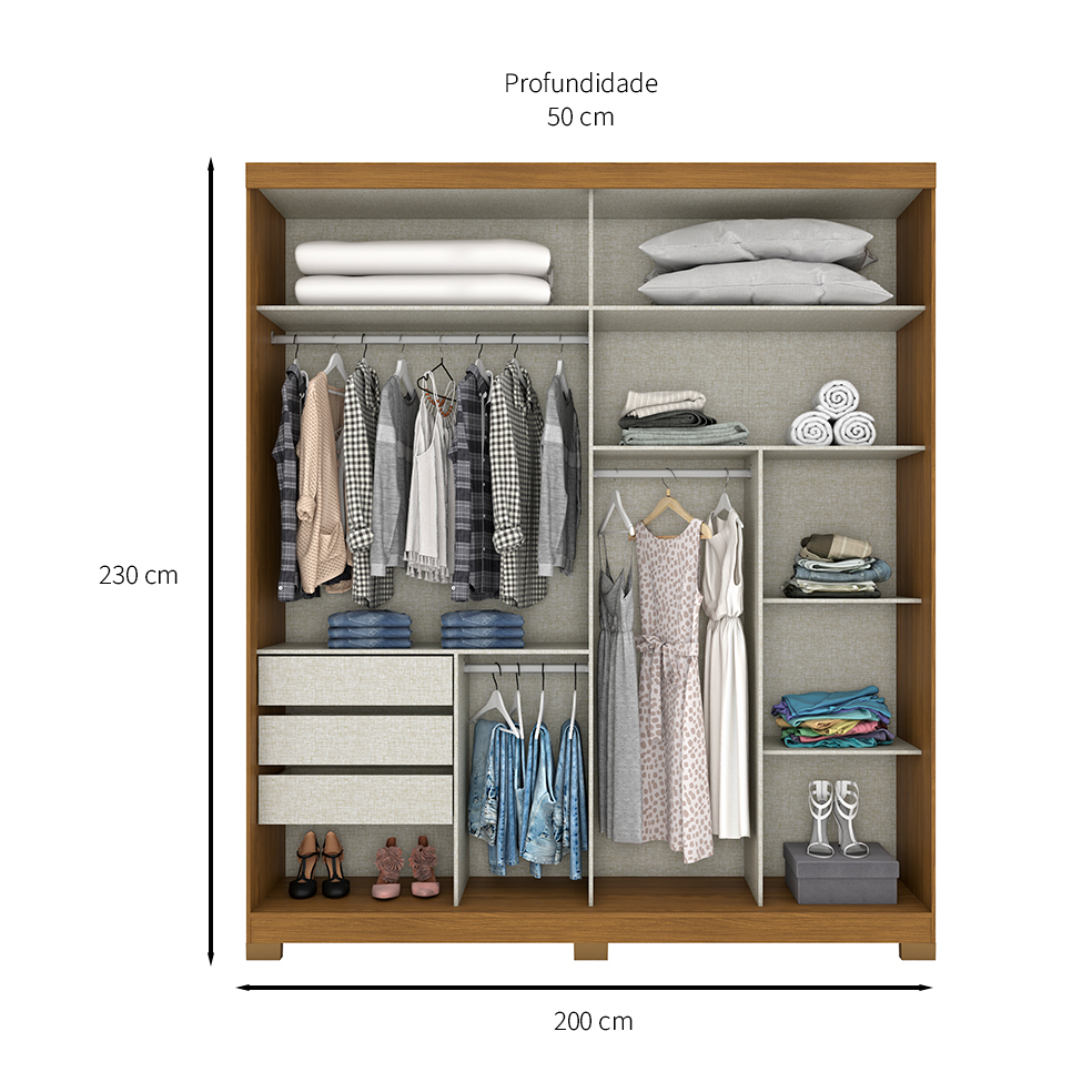 Guarda-Roupa Casal com Espelho Turin 2 Portas 3 Gavetas Nature e Cinza