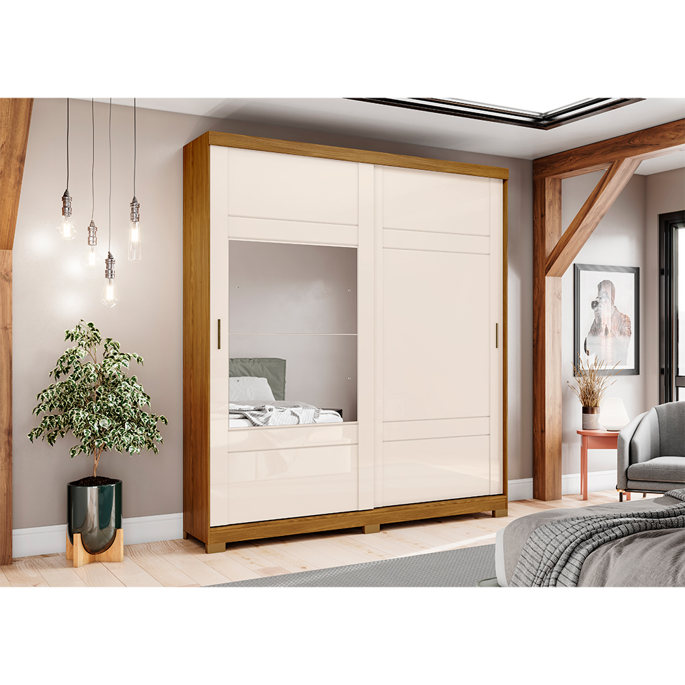 Guarda-Roupa Casal com Espelho Turin 2 Portas 3 Gavetas Nature e Off White