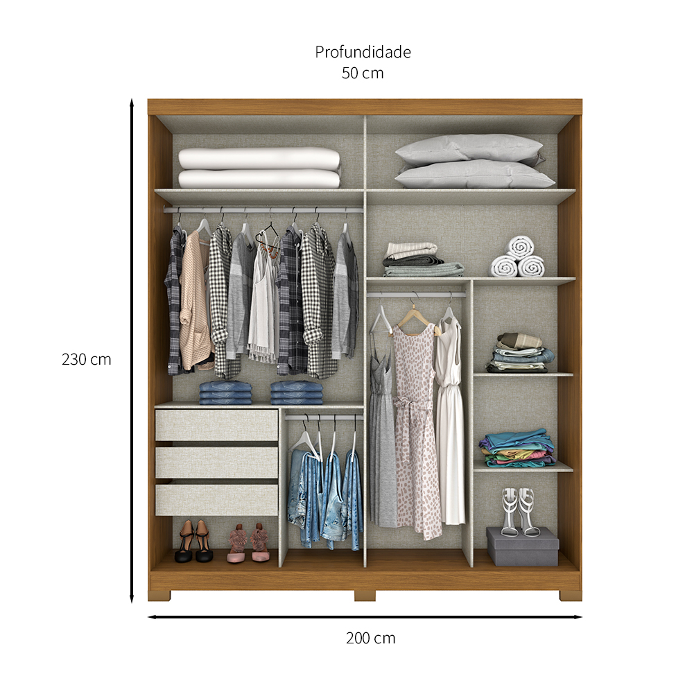 Guarda-Roupa Casal com Espelho Turin 2 Portas 3 Gavetas Nature e Off White