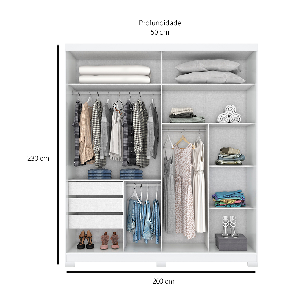 Guarda-Roupa Casal com Espelho Turin Flex 2 Portas 3 Gavetas Branco