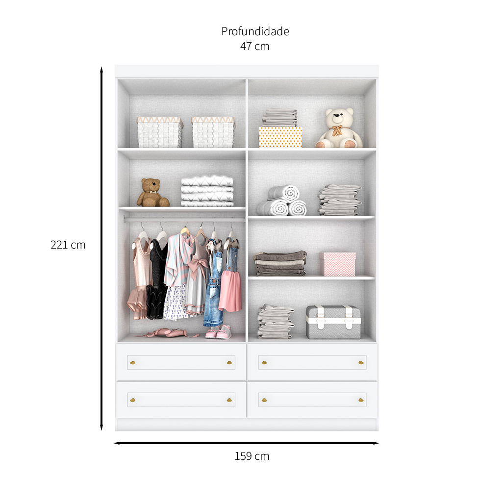 Guarda-Roupa Infantil Mississipi 4 Portas 4 Gavetas Branco