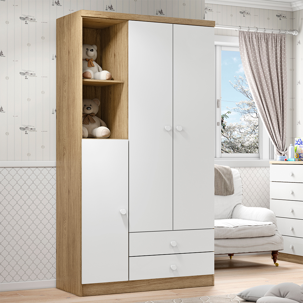 Guarda-Roupa Infantil Pique-Esconde 3 Portas 2 Gavetas Rústico e Branco