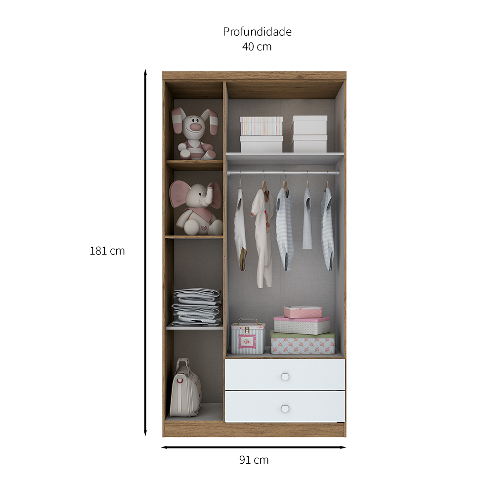 Guarda-Roupa Infantil Pique-Esconde 3 Portas 2 Gavetas Rústico e Branco