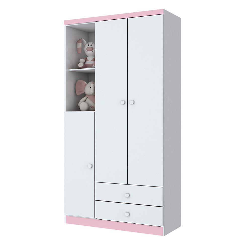 Guarda-Roupa Infantil Pique-Esconde Flex 3 Portas 2 Gavetas Branco e Rosa Chá