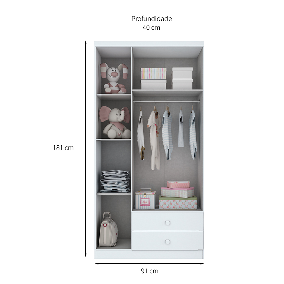 Guarda-Roupa Infantil Pique-Esconde Flex 3 Portas 2 Gavetas Branco e Rosa Chá