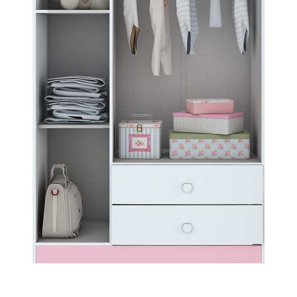 Guarda-Roupa Infantil Pique-Esconde Flex 3 Portas 2 Gavetas Branco e Rosa Chá