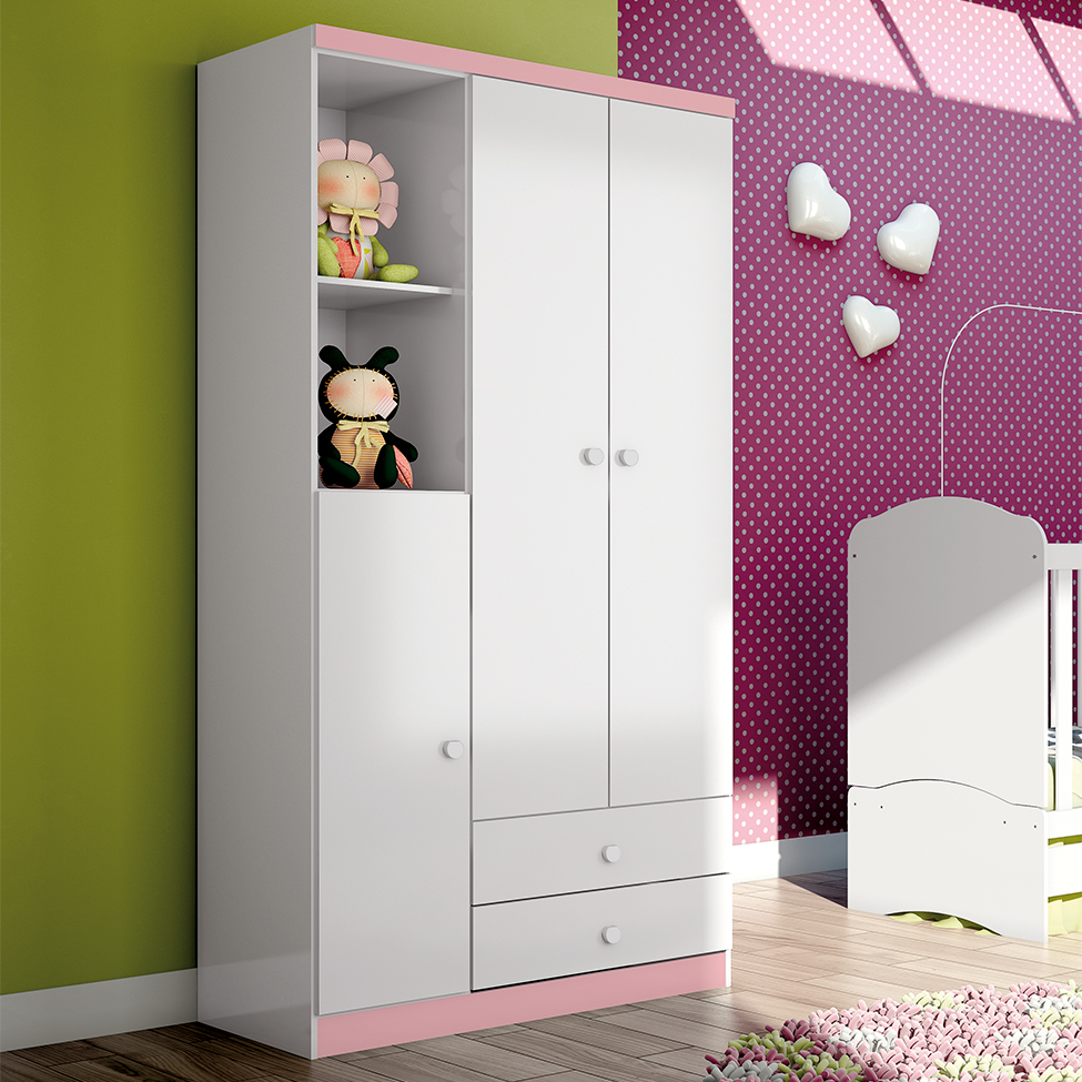 Guarda-Roupa Infantil Pique-Esconde Flex 3 Portas 2 Gavetas Branco e Rosa Chá