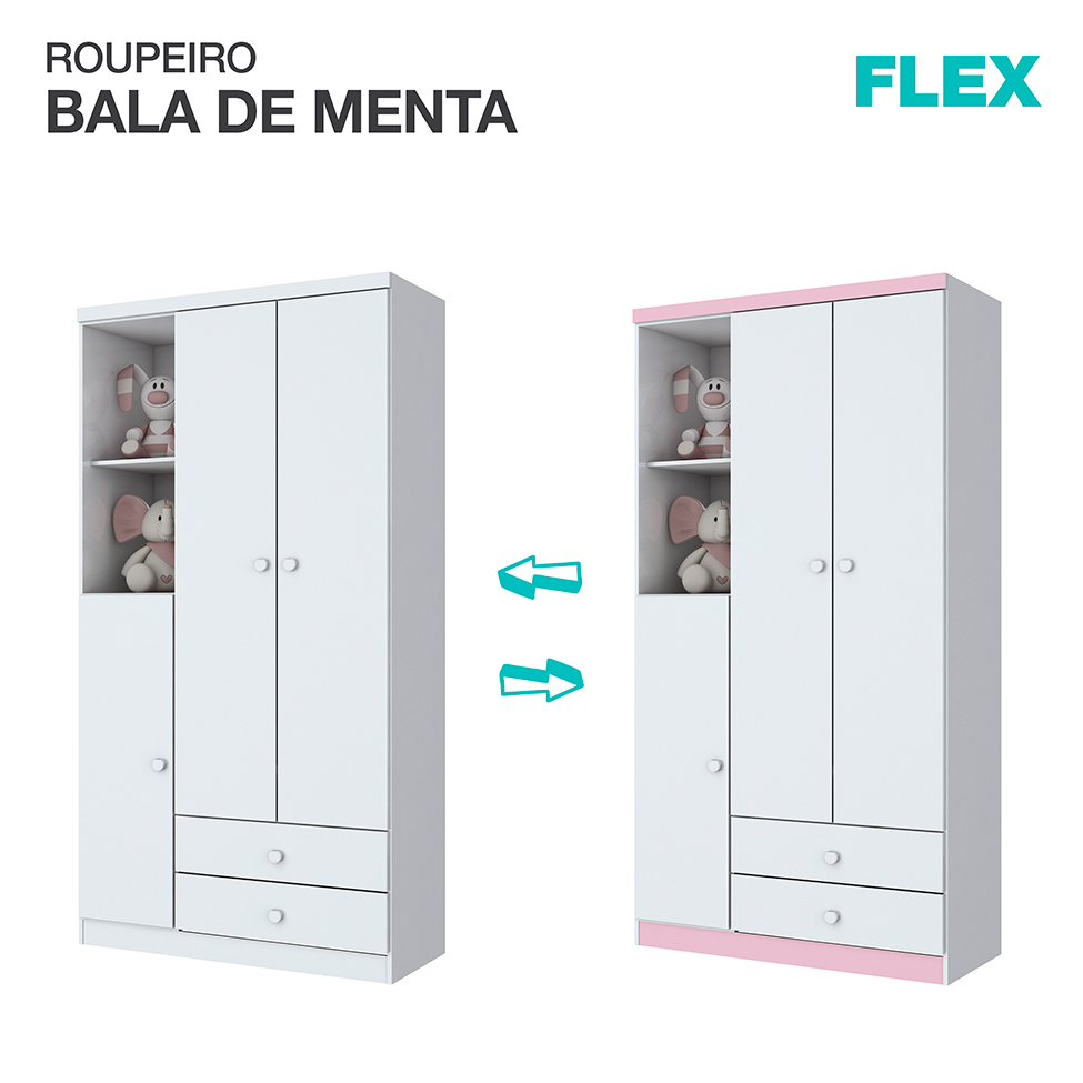 Guarda-Roupa Infantil Pique-Esconde Flex 3 Portas 2 Gavetas Branco e Rosa Chá