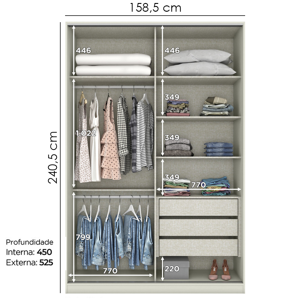 Guarda Roupa Modulado 2 Portas 241x159 cm Seletto Areia Jequitiba Henn