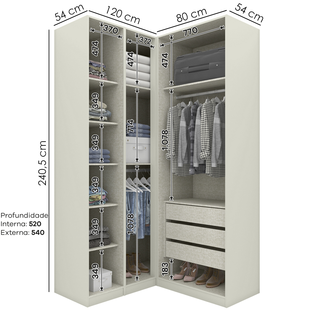 Guarda Roupa Modulado 3 Pecas Seletto Areia Jequitiba Henn