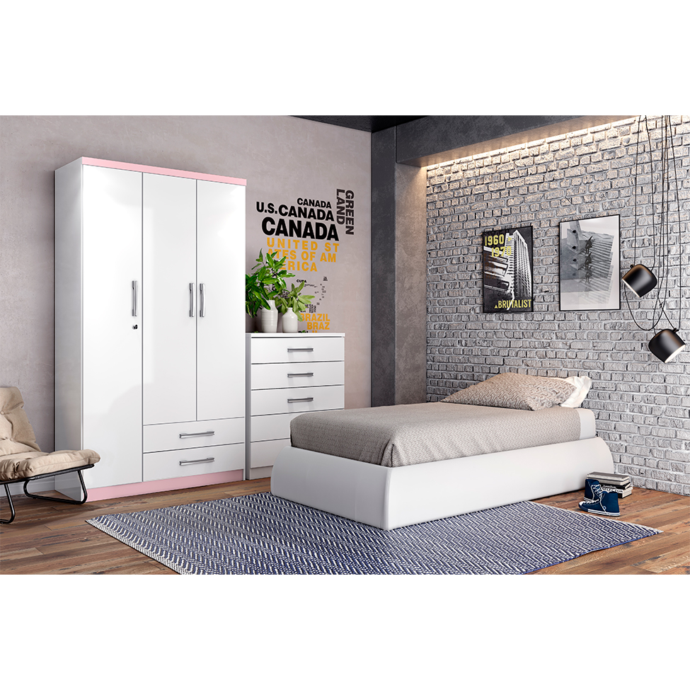 Guarda-Roupa Solteiro Miami Flex 3 Portas 2 Gavetas Branco e Rosa Chá