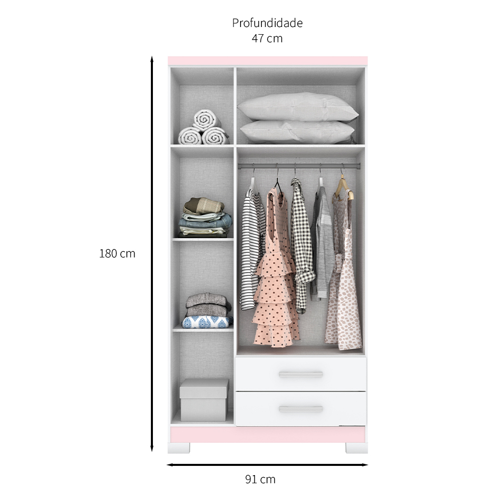 Guarda-Roupa Solteiro Miami Flex 3 Portas 2 Gavetas Branco e Rosa Chá