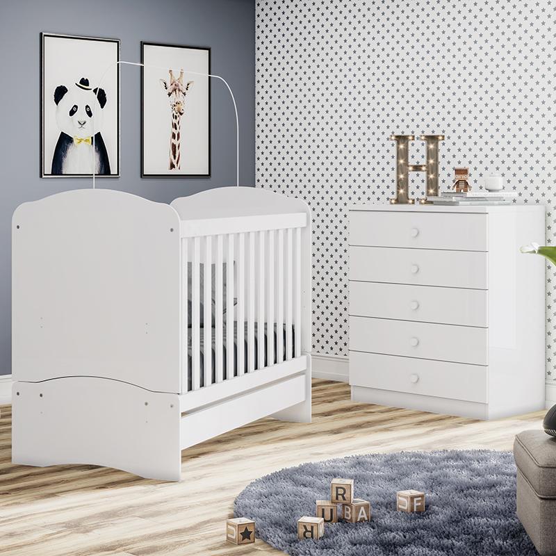 Jogo de Quarto Infantil Bala de Menta com Cômoda e Berço Branco Brilho - Móveis Henn
