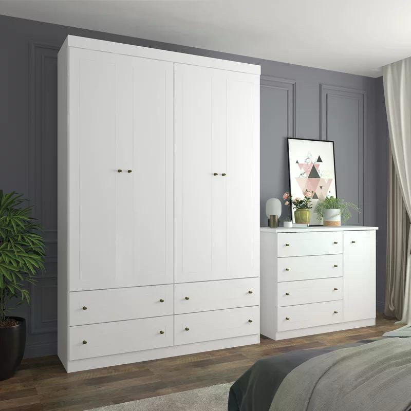 Jogo de Quarto com Roupeiro 4 Portas e Cômoda Americano - Branco - Móveis Henn