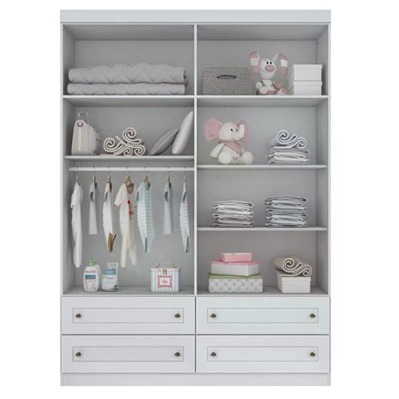 Jogo de Quarto com Roupeiro 4 Portas e Cômoda Americano - Branco - Móveis Henn