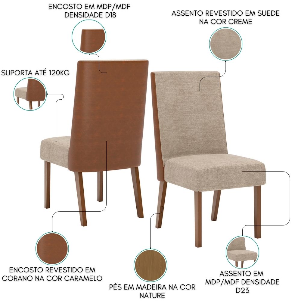Kit 2 Cadeiras Estofadas Anne Corano Caramelo Suede Creme Henn