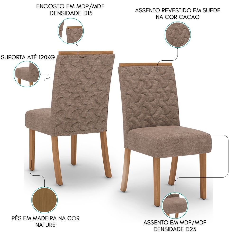 Kit 2 Cadeiras Estofadas Sala De Jantar Esther Suede Cacao Henn