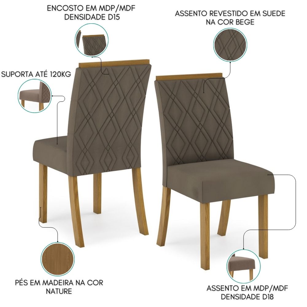 Kit 2 Cadeiras Estofadas Sala De Jantar Vita Suede Bege Henn