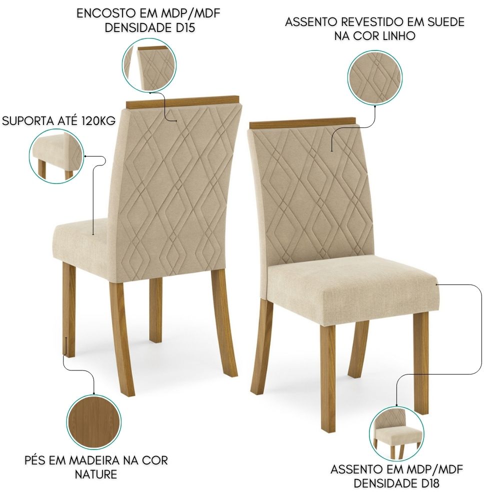 Kit 2 Cadeiras Estofadas Sala De Jantar Vita Suede Linho Henn