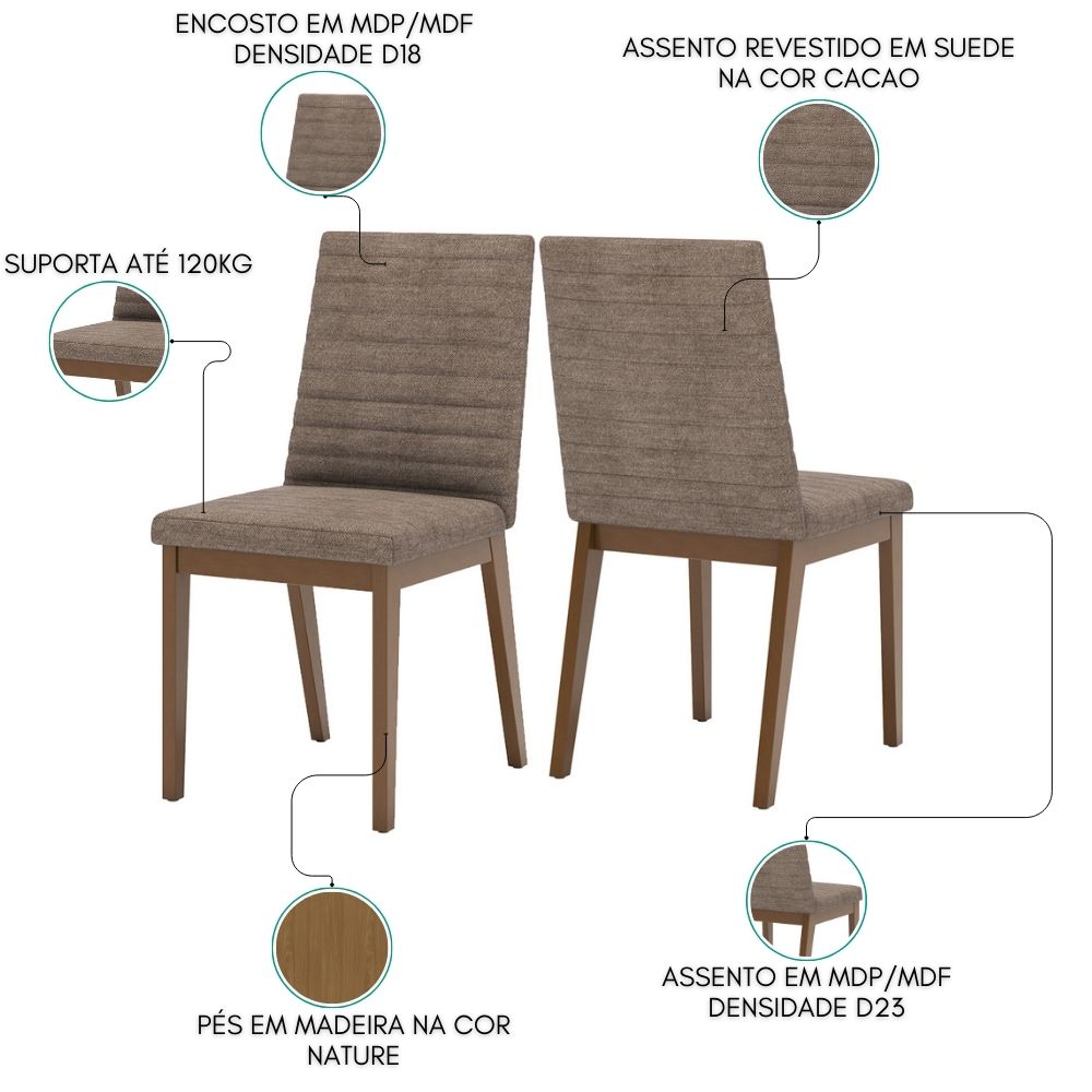 Kit 2 Cadeiras Estofadas Sala de Jantar Elena Suede Cacao Henn