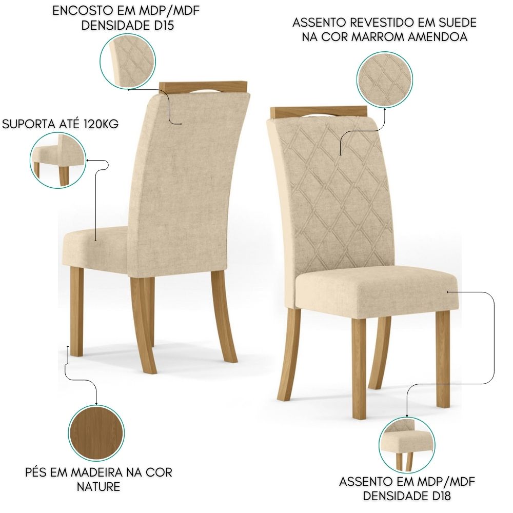 Kit 2 Cadeiras Sala De Jantar Bella Suede Linho Henn