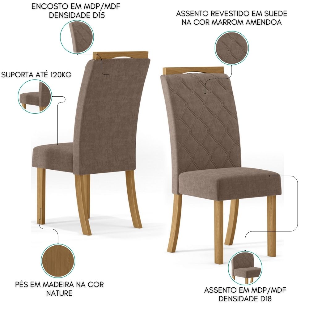 Kit 2 Cadeiras Sala De Jantar Bella Suede Marrom Amendoa Henn