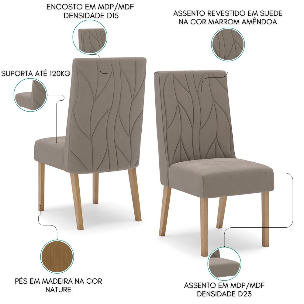 Kit 2 Cadeiras Sala De Jantar Eloa Suede Marrom Amendoa Henn