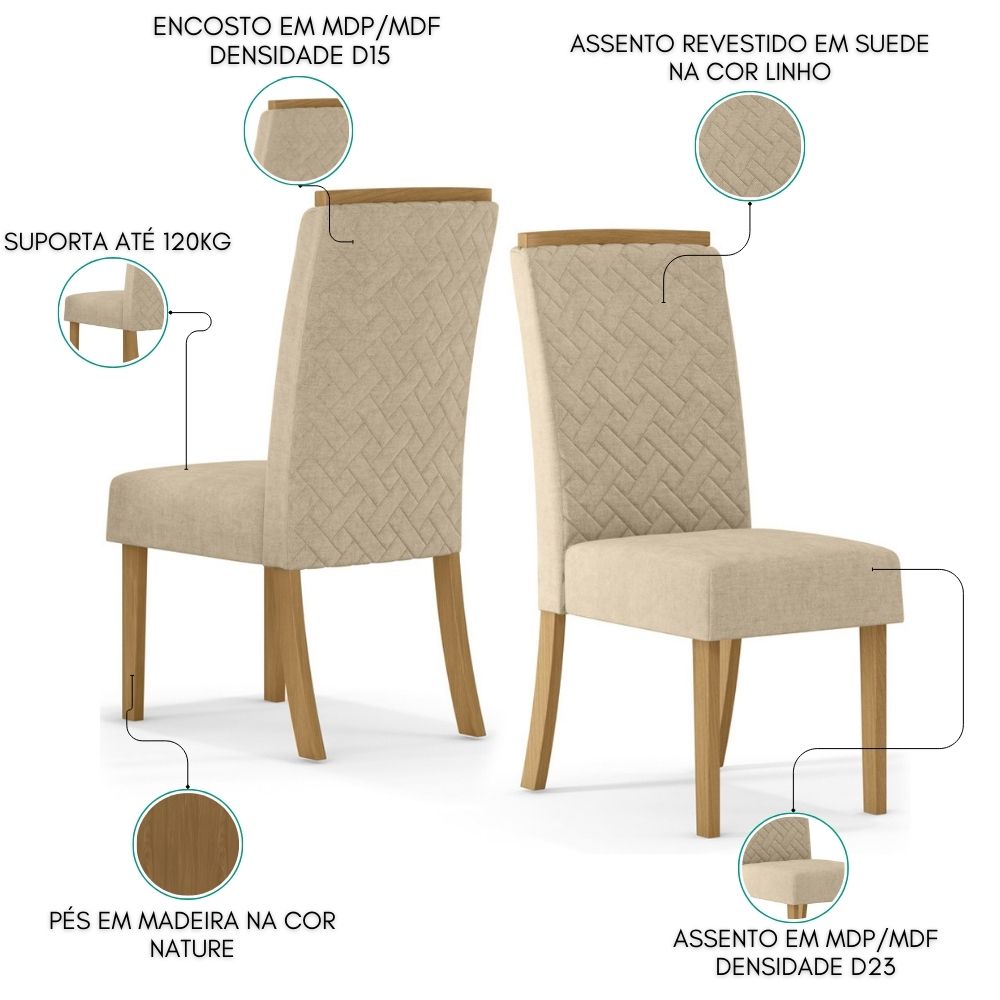 Kit 2 Cadeiras Sala De Jantar Malu Suede Linho Henn