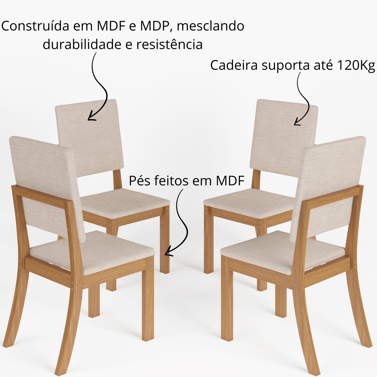 Kit com 4 Cadeiras de Jantar Milla Nature / Linho