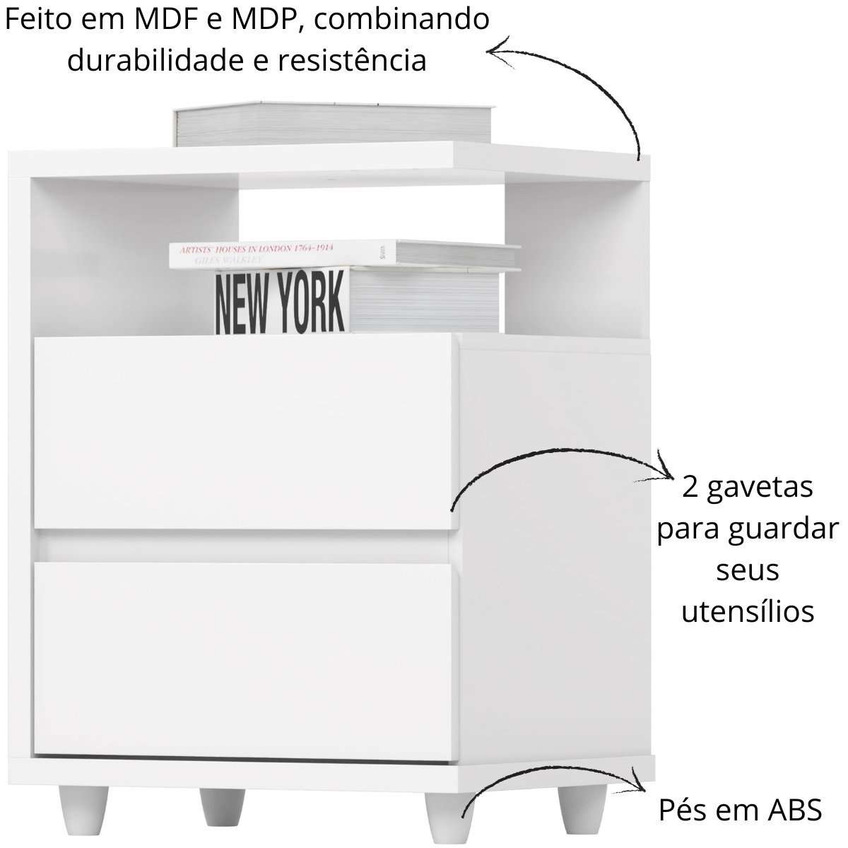 Mesa de Apoio e Cabeceira 2 Gavetas Chanfradas - Campeche Branco