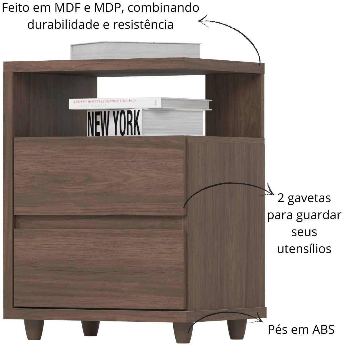 Mesa de Apoio e Cabeceira 2 Gavetas Chanfradas - Campeche Castanho HP