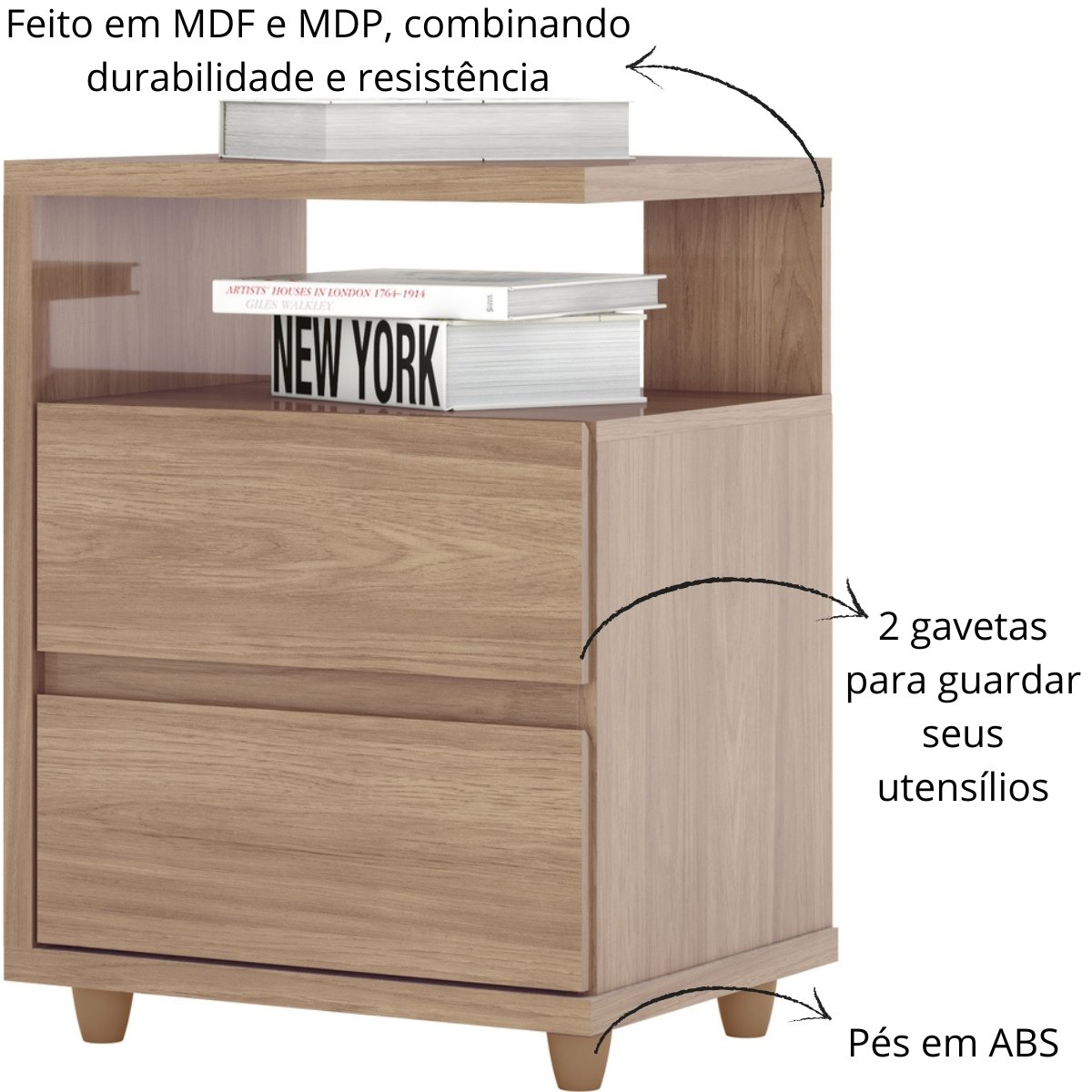 Mesa de Apoio e Cabeceira 2 Gavetas Chanfradas - Campeche Jequitibá Brilho