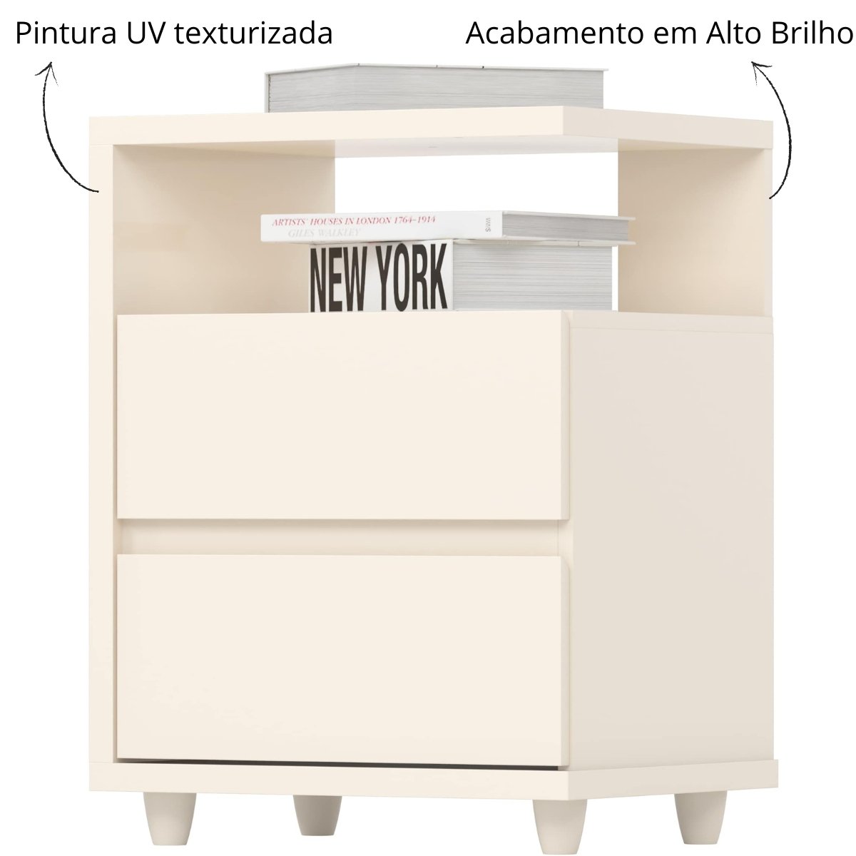 Mesa de Apoio e Cabeceira 2 Gavetas Chanfradas - Campeche Off White