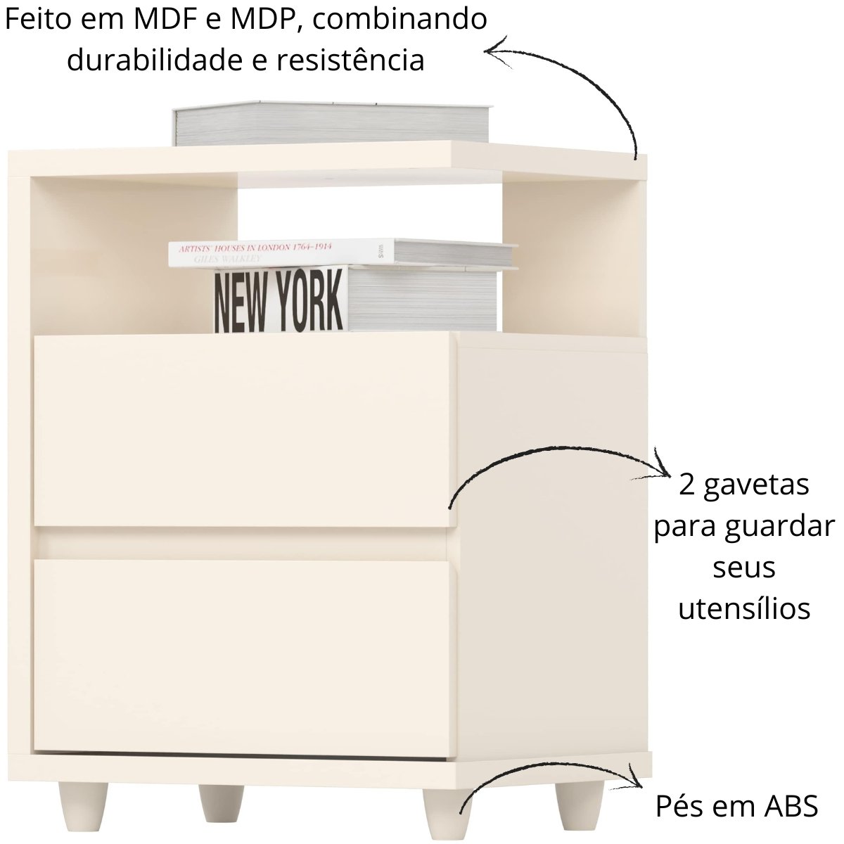 Mesa de Apoio e Cabeceira 2 Gavetas Chanfradas - Campeche Off White