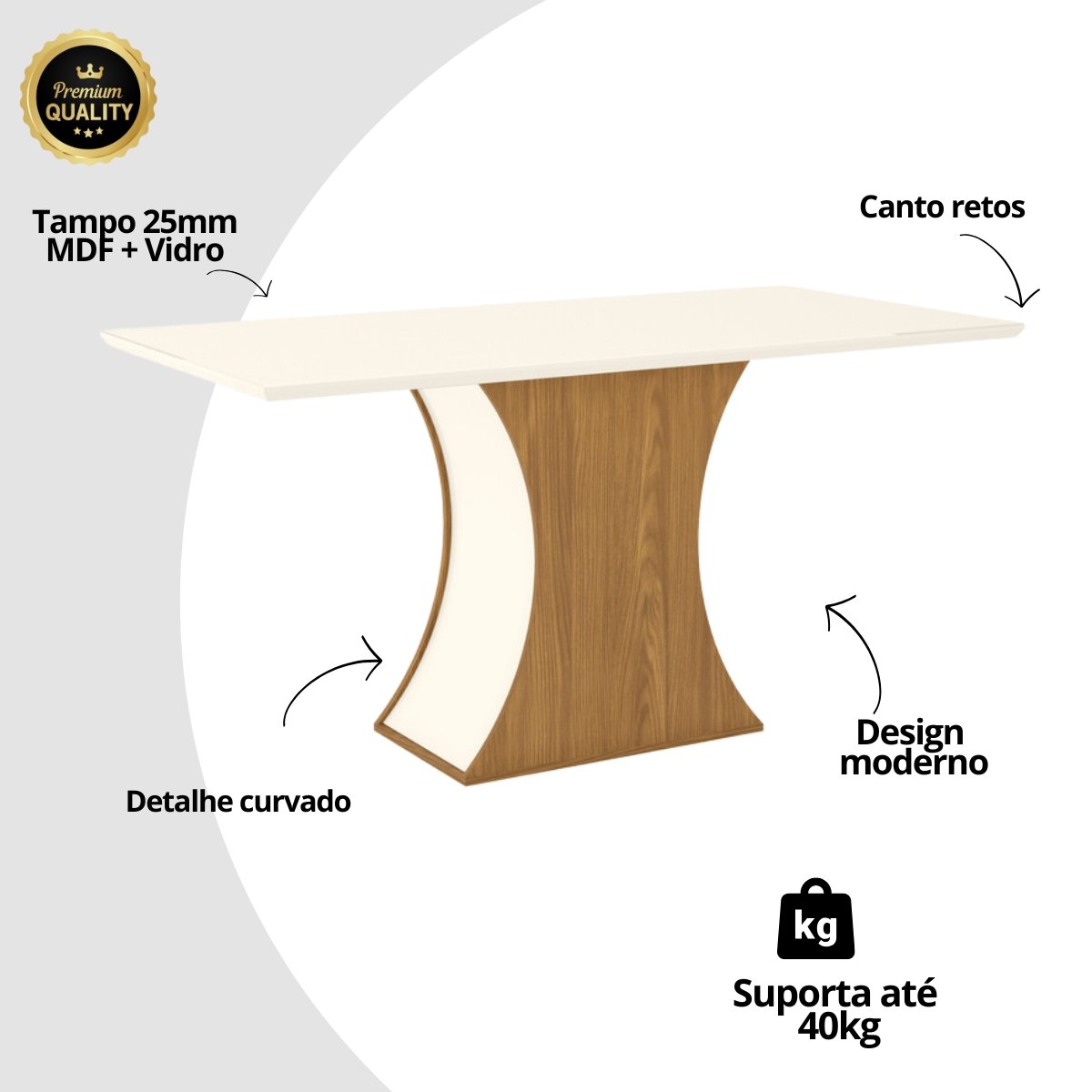 Mesa de Jantar 6 Lugares com Vidro - Luiza Nature / Off White
